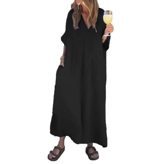 Women's Loose Maxi Dress V-Neck Short Sleeve Long Dress Summer Casual A-Line Beach Sundress