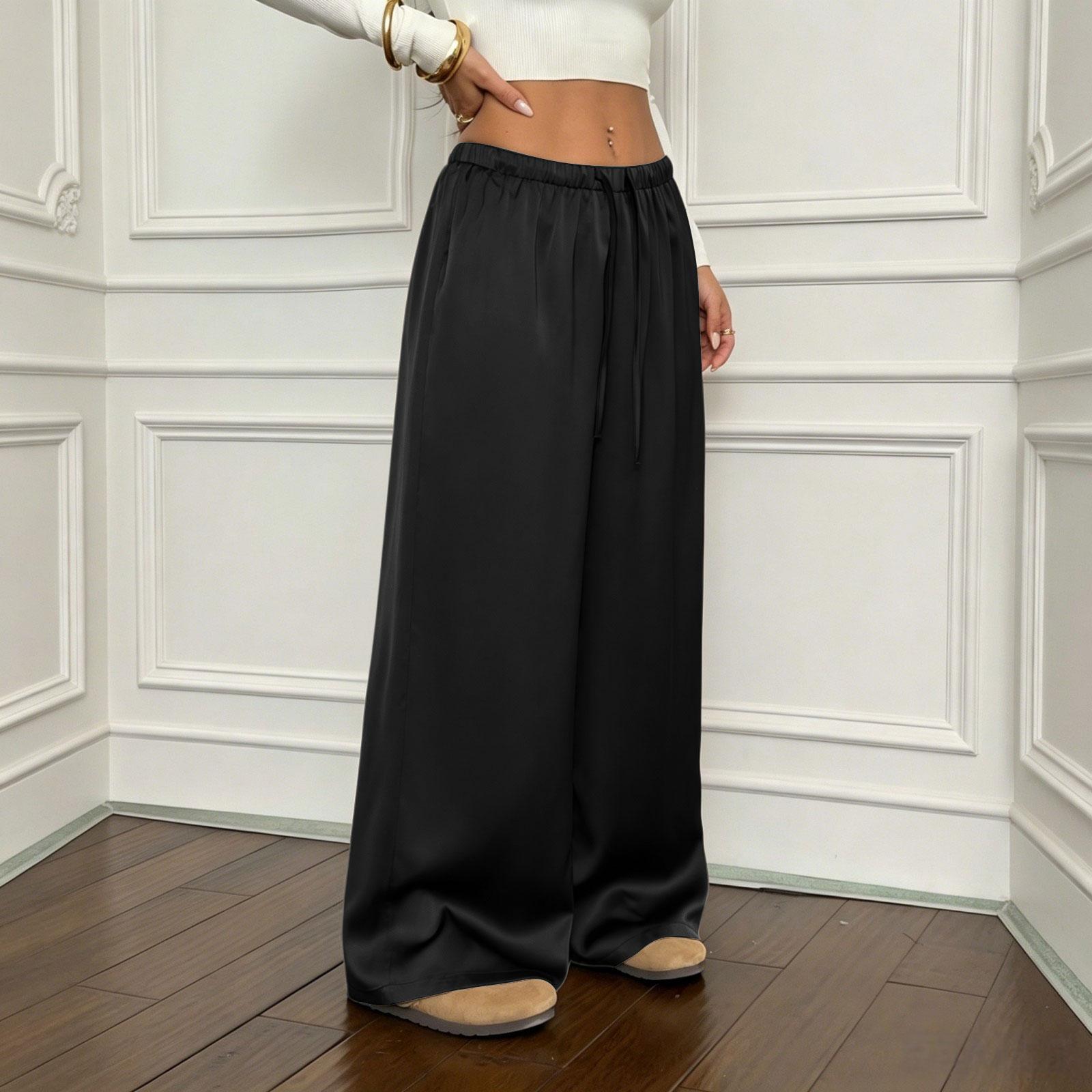Women s High Waist Wide Leg Pants, Relaxed Fit Flowing Trouser with Drape Casual L