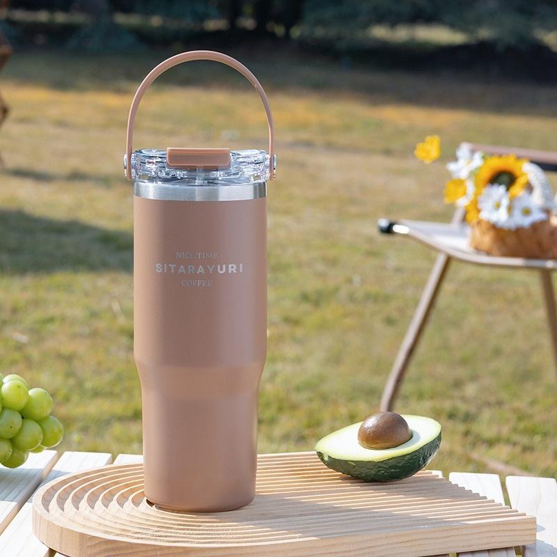 JUSTINLAU 600/900ml Insulated Cups Stainless Steel Thermos Cup with Handle & Straw Outdoor Travel Water Bottle Car Ice Tumbler