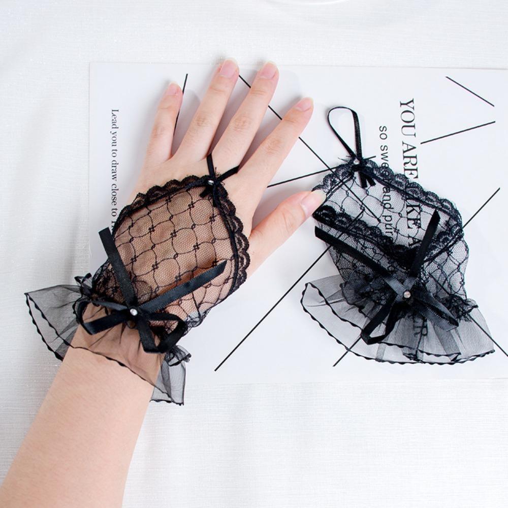 Gothic Kurze Schwarze Handschuhe Weibliche Harajuku Spitze Braut Hochzeit Halloween Lolita Kleid Net Gaze Bogen Hand Ärmel Fischnetz Handschuhe