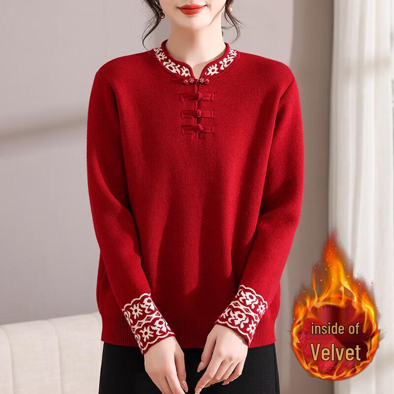 XUEXI Women s Mid-Aged Plus Velvet New Chinese Knit Sweater L