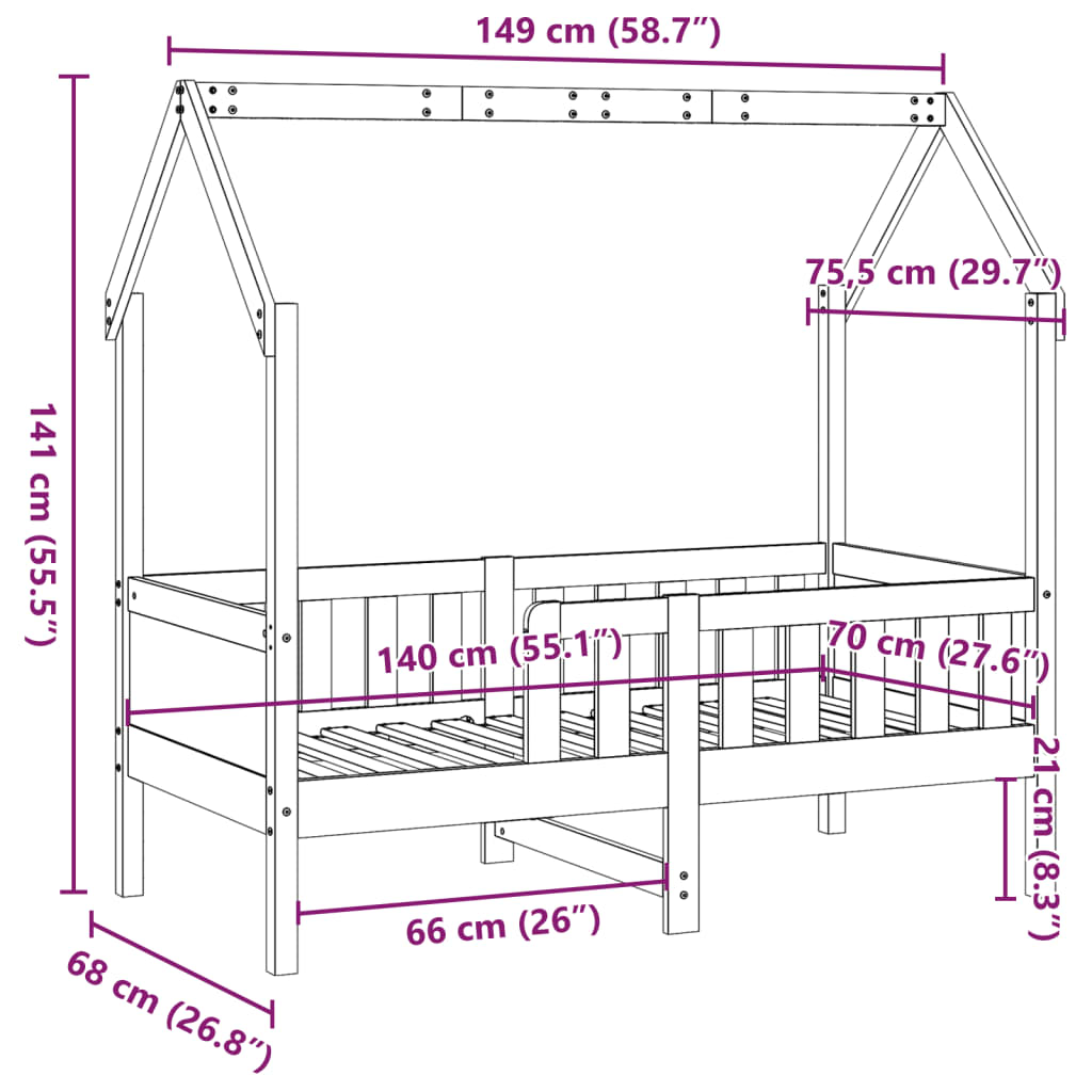 Kids  House Bed Solid Pine Wood 70 x 140 cm