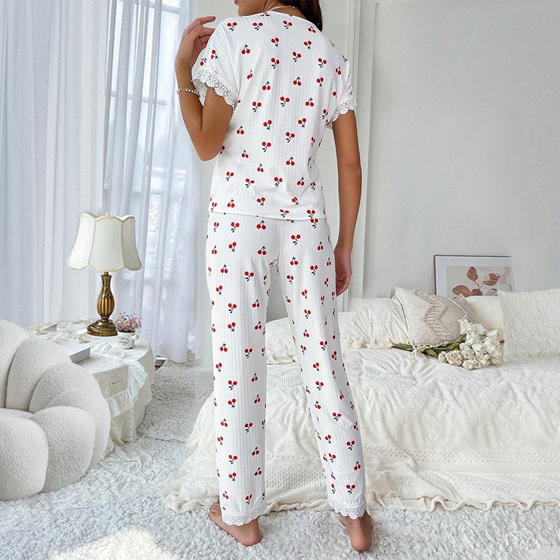 Conjunto de pijama feminino com acabamento em renda, manga curta, blusa com botões na frente e calças compridas, estampa de cereja, 2 peças, roupa de dormir, roupa de dormir, roupa de casa
