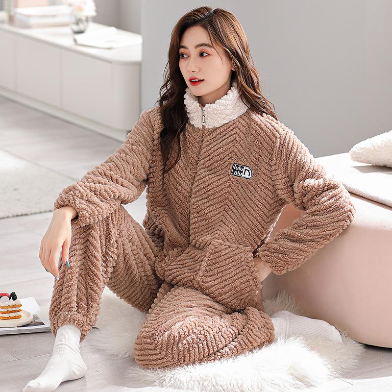 

Pajamas Women S Winter Fleece Thickened Coral Fleece Zipper Flannel Winter Warm Loungewear 3XL