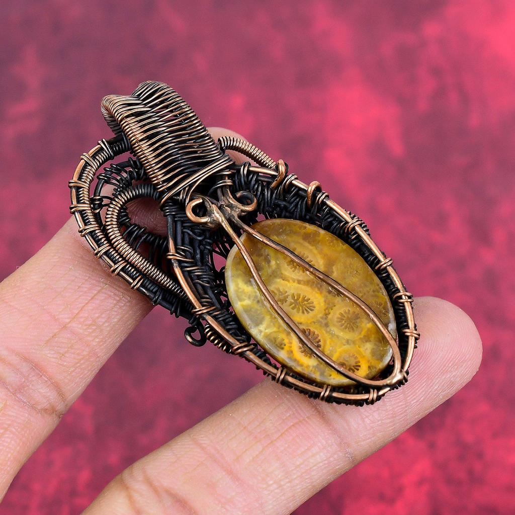 Tree of Life Fossil Coral Pendant Copper Wire Wrapped Handmade Pendant Wire Weaving Jewelry Gemstone Pendant Copper Jewelry Engagement Gifts
