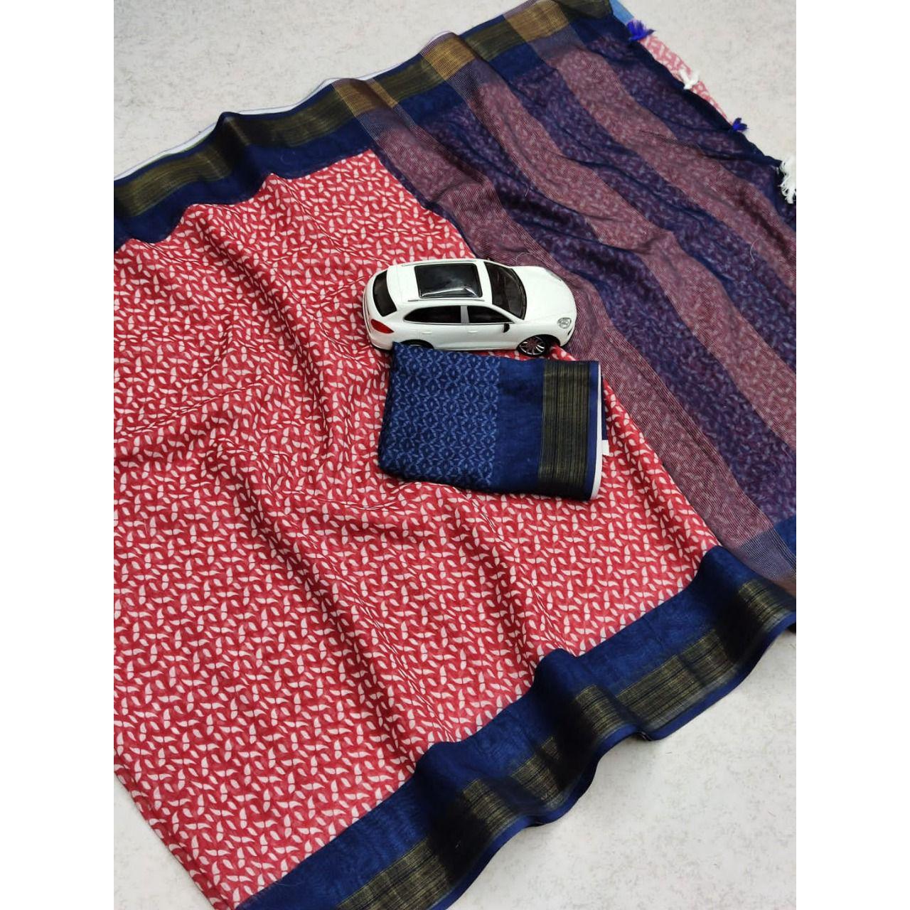 

Женское сари из чистого хлопка с золотой каймой Зари и блузкой с цифровым принтом