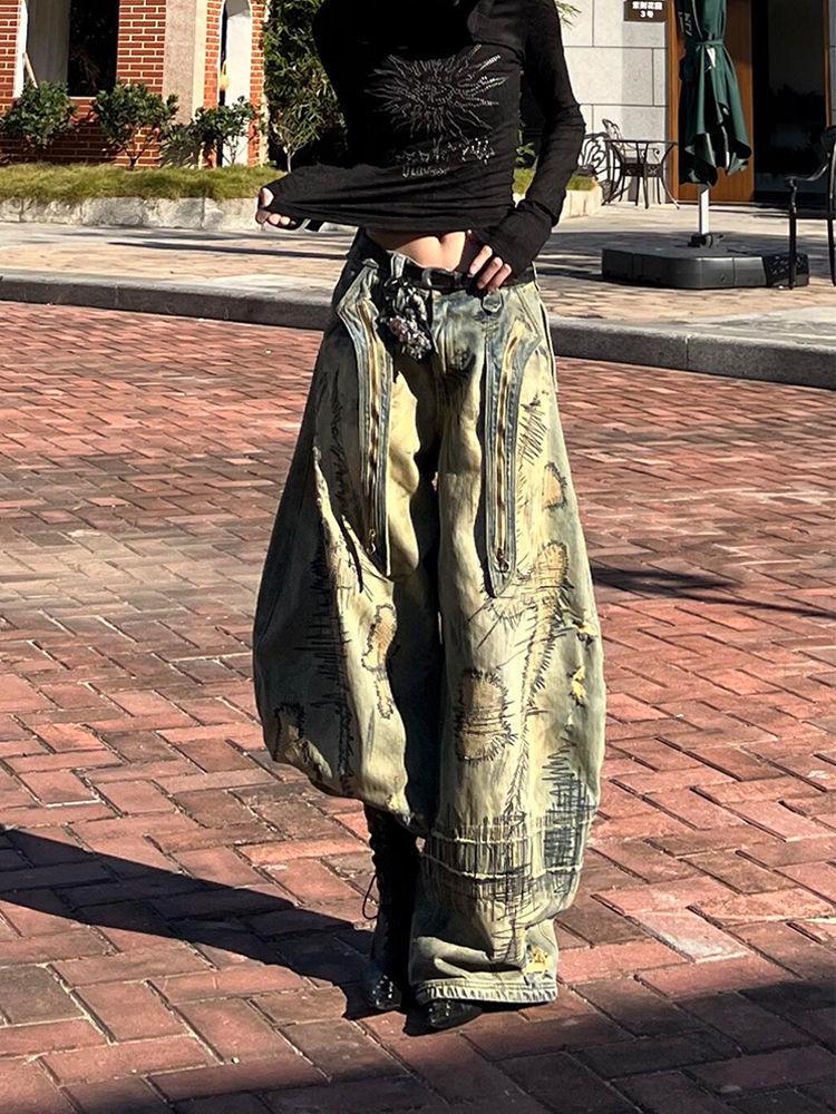 ZYLLO American Y2K Patch Needle Embroidery Heavy Industry Wide Leg Jeans Retro Dirty Dye Wash Loose Fashion Casual High-waist Jeans