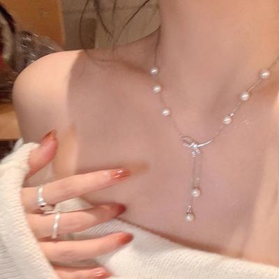 Romantic Love Letter!! Bow Pearl Tassel Necklace Women's Light Luxury Niche Necklace Design Sense High-end Collarbone Chain