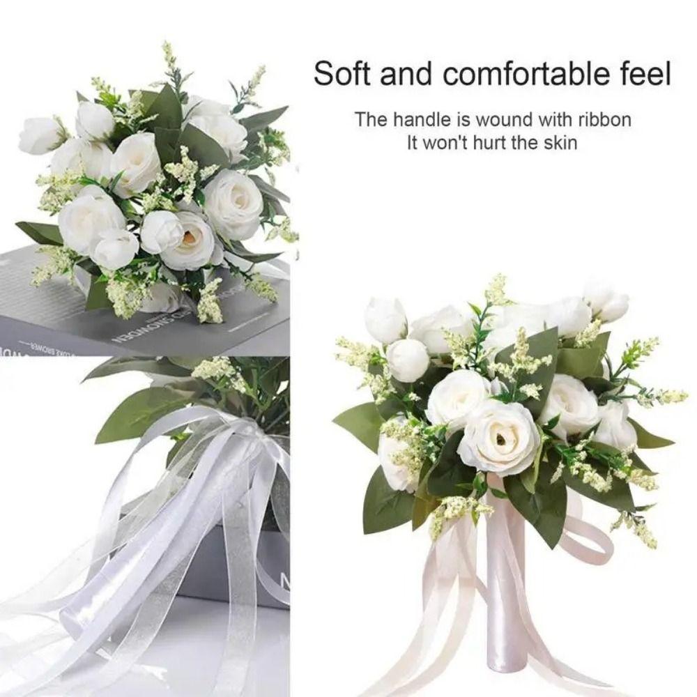 With Silk Ribbon Bridal Holding Flowers Creative Wedding Rose Bouquet Ceremony
