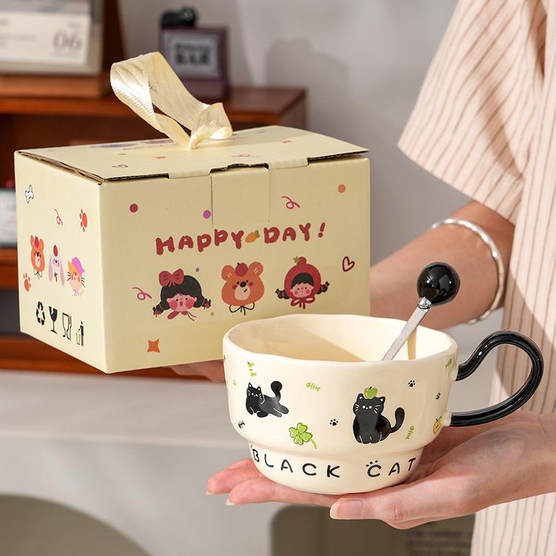 Creative Little Black Cat Ceramic Cup with Spoon for Home Use Large Capacity Office Couple Cup High Value Souvenir Gift Mug