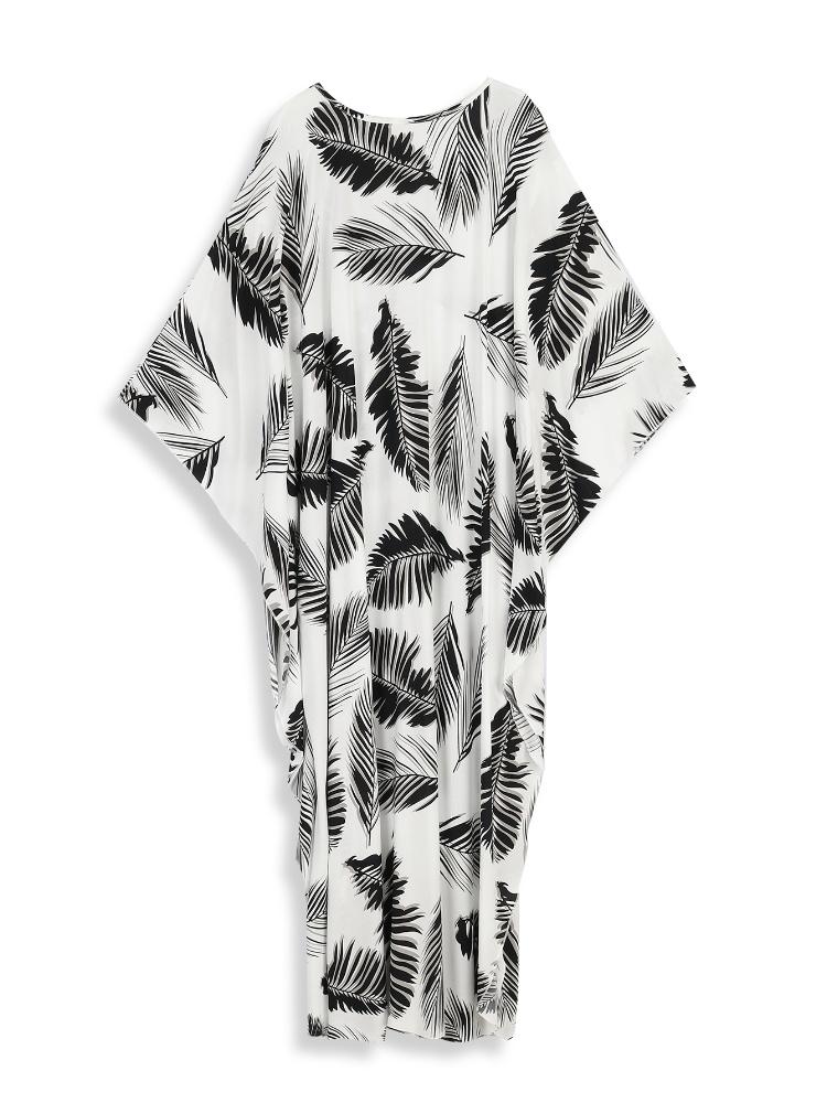 EDOLYNSA Black Printed Kaftan Women's Long Dress Kaftan Oversized Bohemian V-neck Chinese Knot Robe Swimsuit Cover-up Outfit Q1297