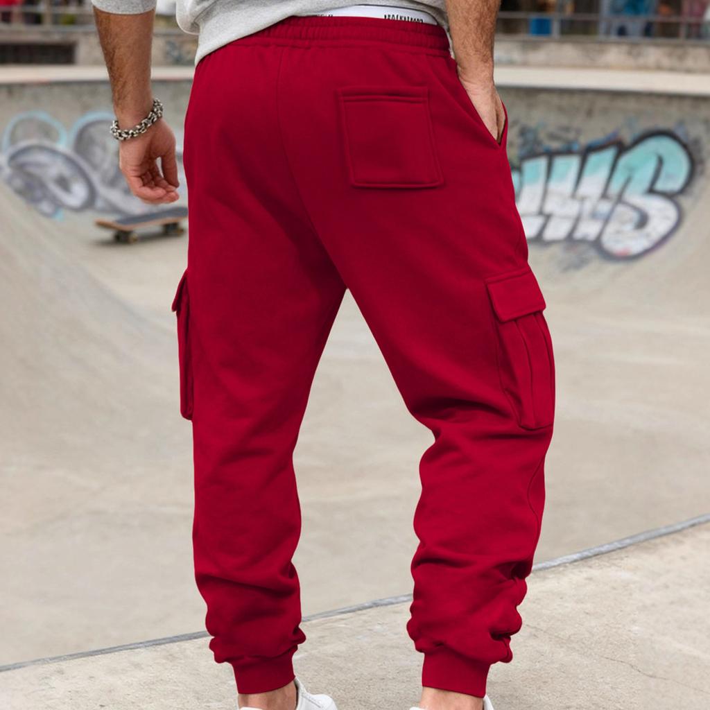 European and American autumn and winter fleece men's casual overalls men's multi-pocket drawstring sports and leisure long