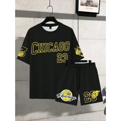 Nové Street Fashion Basketbalové Tričko Outdoorové Sportovní Pánské Šortky Chicago Monogram Tisk Pánské Krátký Rukáv a Šortky Set
