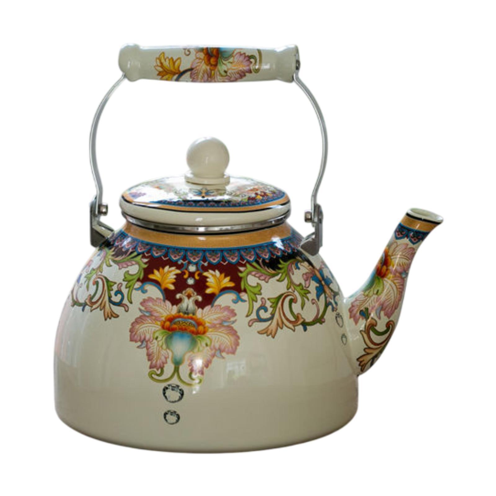 Vintage Enamel Tea Kettle, Thickened Enamel Teapot Heat Resistant Floral Enamel Pot Coffee Pot for Kitchen Decor Wedding Gift