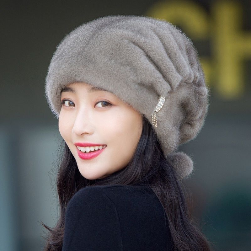 Chapéu de Visom Feminino Inverno Meia-Idade e Idoso Cabelo de Visom Inteiro Proteção para Orelhas Inverno Moda Visom Quente Chapéu de Pele de Mãe