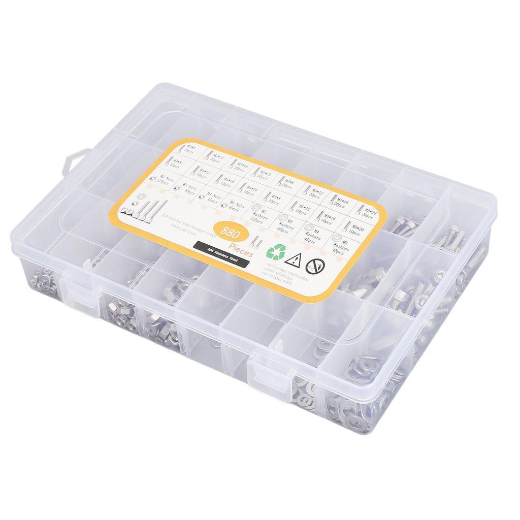 880PCS Stainless Steel Screw Assortment Kit M2 M3 M4 M5 Cylindrical Hex Head Bolts Nuts Flat