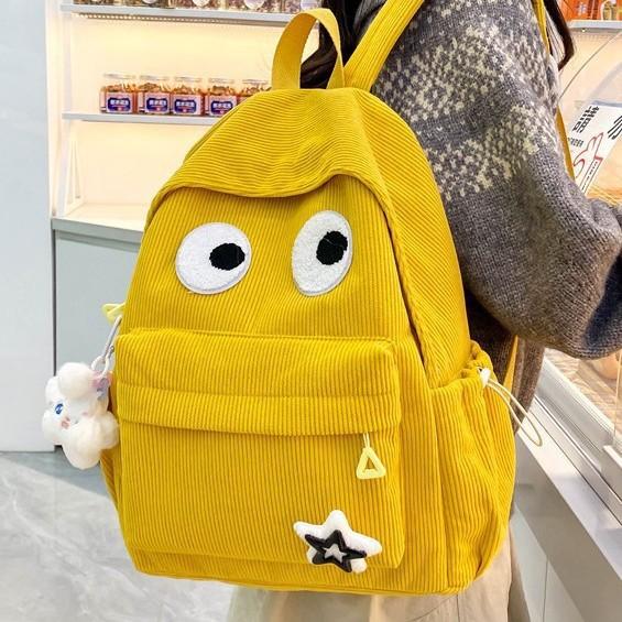 Schoolbag big eyes corduroy backpack high value women's backpack student schoolbag casual backpack large capacity backpack
