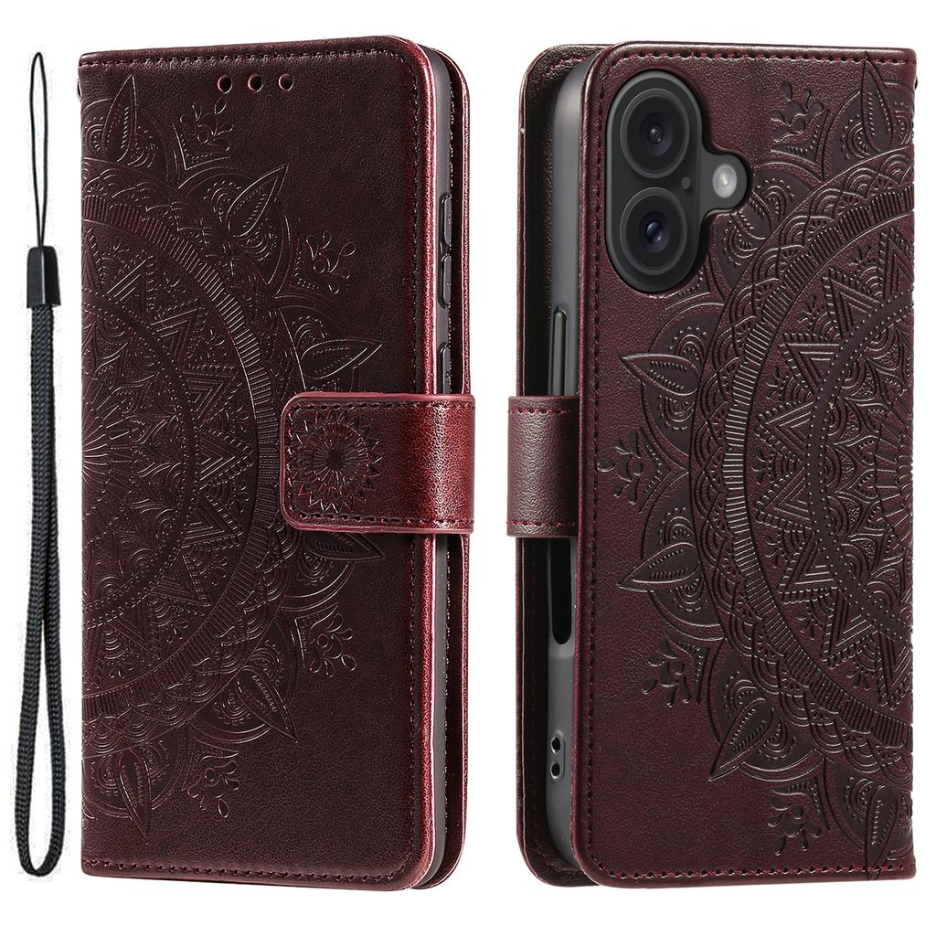 For iPhone 16 Stand Case PU Leather Wallet Phone Cover Totem Imprinted