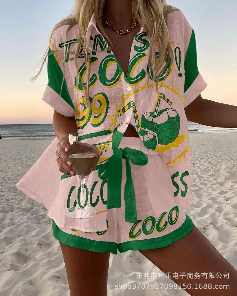 Summer European and American Women's Clothing Bamboo Hemp 1D Digital Printing Short-sleeved Shirt Beach Shorts Casual Two-piece Set