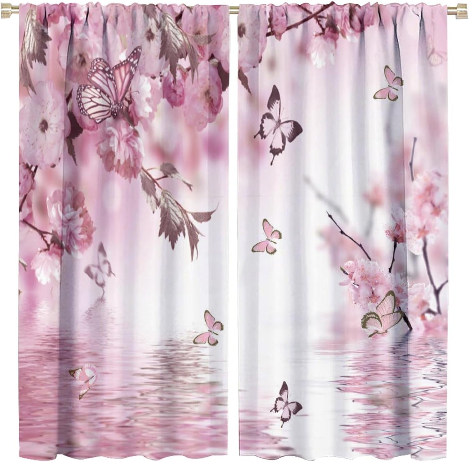 

Pink Tropical Cherry Blossom Curtains Beautiful Summer Jungle Orchids Hibiscus Butterfly Window Drapes Darke Curtain With Rod Pocket Polyester W100*H70(CM)-Grommet top&1PCS