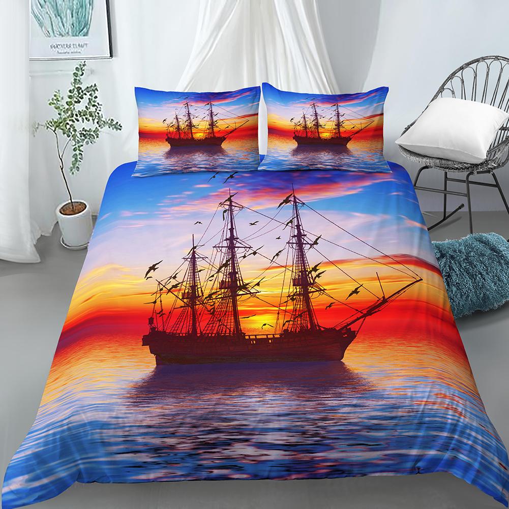 Nautisk Segelbåt Påslakan Queen King Size 3D Oljemålning Båtstil Sängkläder Set Ocean Mjuk 2/3 Delar Polyester Täcke Överdrag