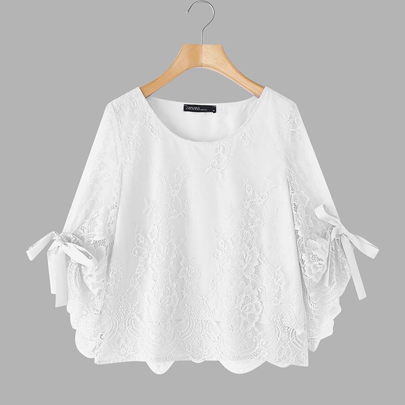 

ZANZEA Женская повседневная летняя блузка с кружевной вставкой, рукав 3/4, свободного кроя XL белый