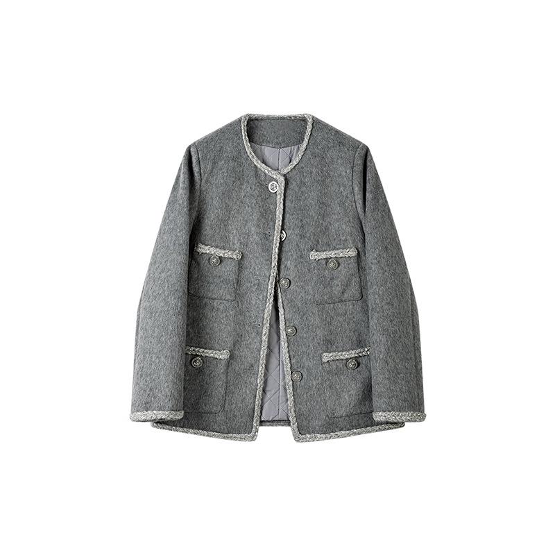 Premium gray wool small fragrant jacket women's autumn and winter French retro long tweed and cotton top