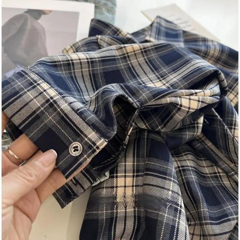 Japanese Vintage Plaid Shirt Spring Thin Women's Long Sleeved Blouse Casual Simple Lapel Blusas Korean Version Loose Fitting Top