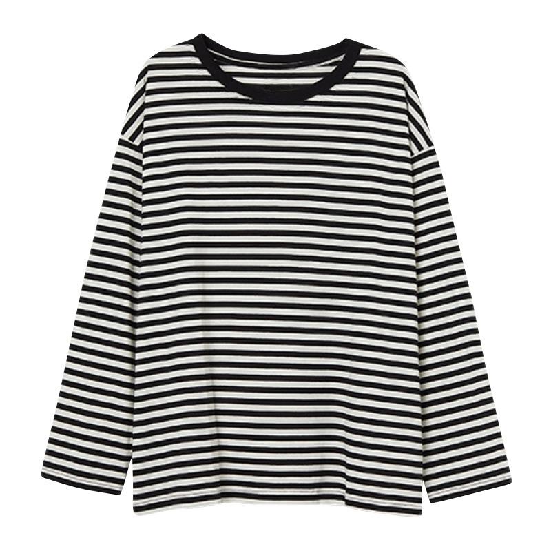 

Pure Cotton Striped Bottoming Shirt for Women Spring and Autumn Style Loose and Versatile Long-sleeved T-shirt Casual Outer Top 2XL білий
