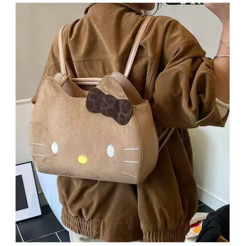 Hello Kitty Retro Leopard Print Backpack With Pu Cute Cartoon Design For Daily Use Suede Khaki