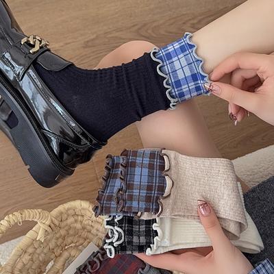 Meias Femininas de Meia-panturrilha para Outono e Inverno, Meias Pretas com Borda de Orelha, Meias de Algodão Sem Costura Xadrez Patchwork Tendência e Casuais