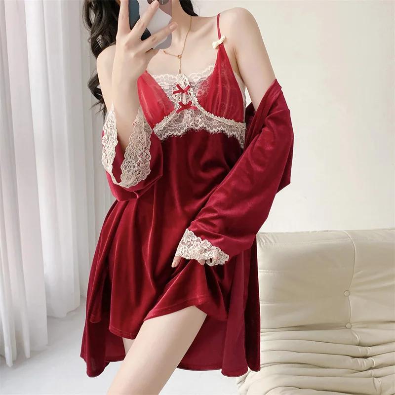 Jesienna Damska Bielizna Nocna Aksamitny 2-częściowy Zestaw Szlafroków Seksowna Czarna Koszulka Nocna na Ramiączkach Lounge Wear Lingerie Koronkowa Koszula Nocna Odzież Domowa