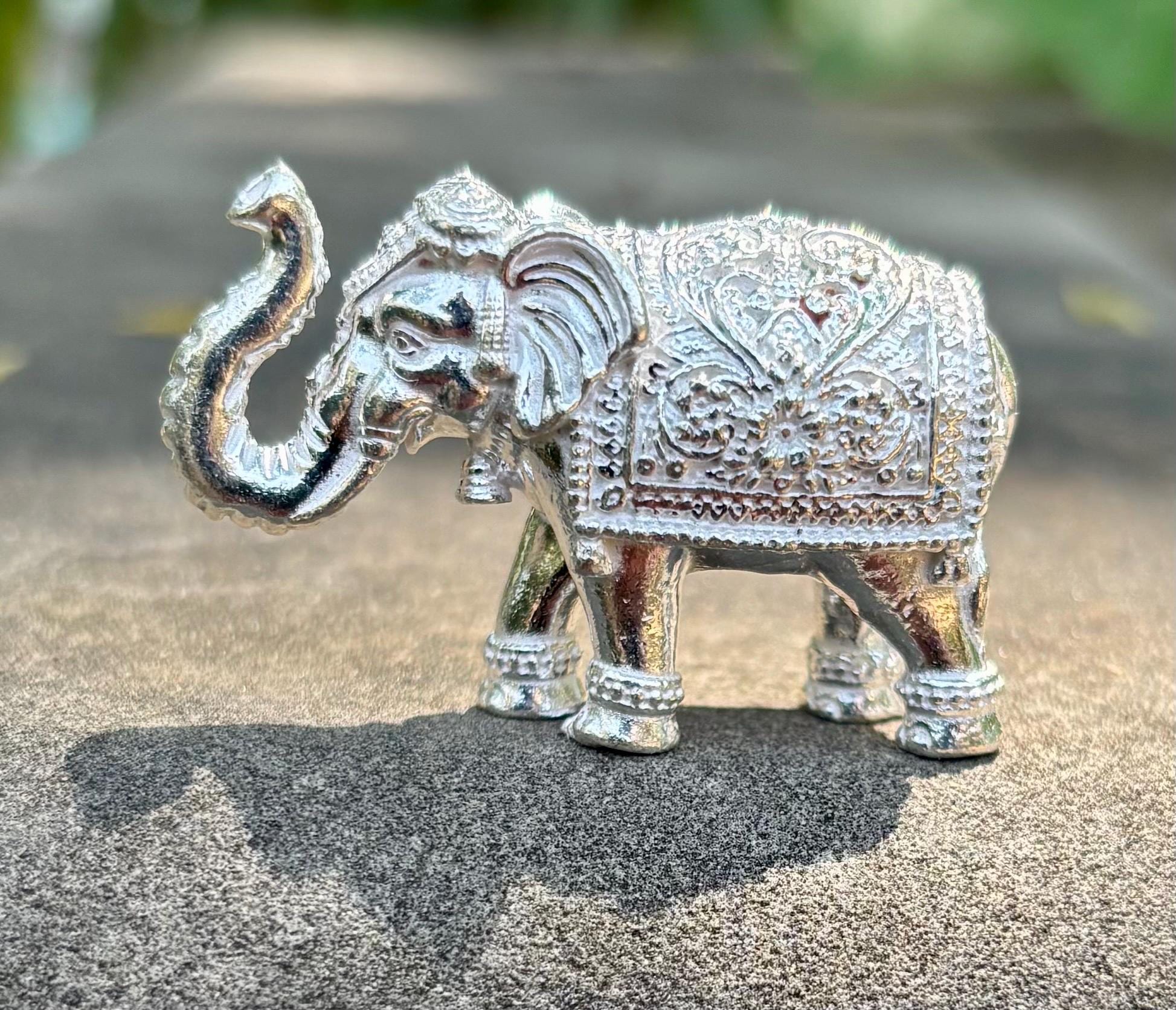 999 Fine Silver Hindu Religious Elephant Idol Statue 37 gm Temple Pooja Solid Silver collectibles Hathi Trunk Up, for wealth fortune luck One Size
