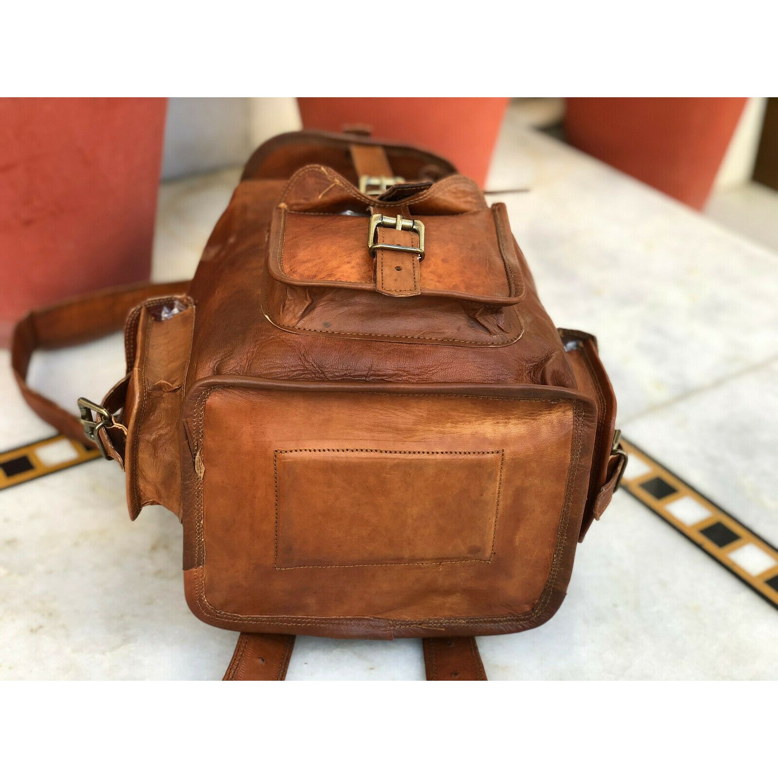 Большой мужской винтажный рюкзак из натуральной козьей кожи — фото 3