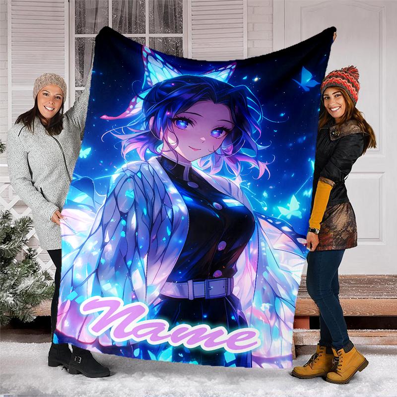 Personalized Custom Name Blanket - Demon Slayer Shinobu Kocho Print Design,Blanket for Sofa,Bed,Travel,Camping - Soft and Warm, Great Gift