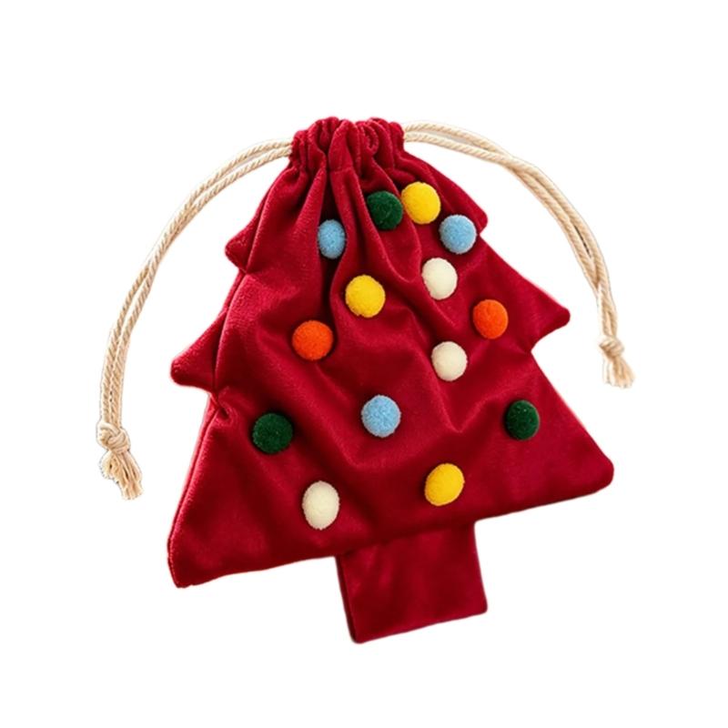 Soft Fabric Christmas Treat Bag Tree Ornament with Pull Cord Opening for Small Gifts and Holiday Table Display