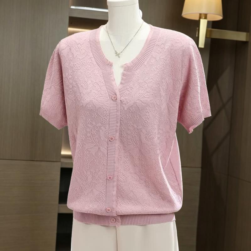 Da Tang Fu Ren Elegant Embroidered V-Neck Short Sleeve Knit Top Size 115 (Recommended 110-135 Jin) розовый