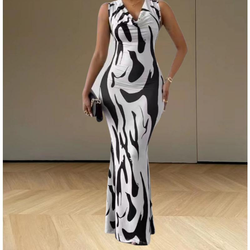 Fashion Elegant Pile Collar Maxi Long Dress New Sleeveless Printed Bodycon Party Dresses Plus Size Female Sexy Women's Clothing 3349