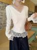 Winter 2024 Women's V-Neck Lace Trim Slim-Fit Knit Sweater with Waist-Cinching Velvet Base Layer