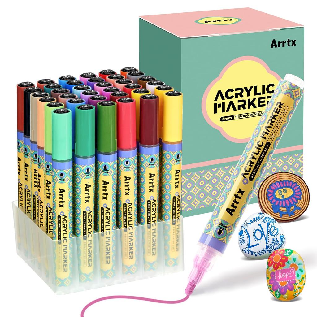 Arrtx 36 Color Acrylic Paint 3mm Medium Tip Acrylic Marker Fast for Rock DIY Craft Making Art Supplies Pens, Pens, Non-Toxic, Water-Based, Drying,