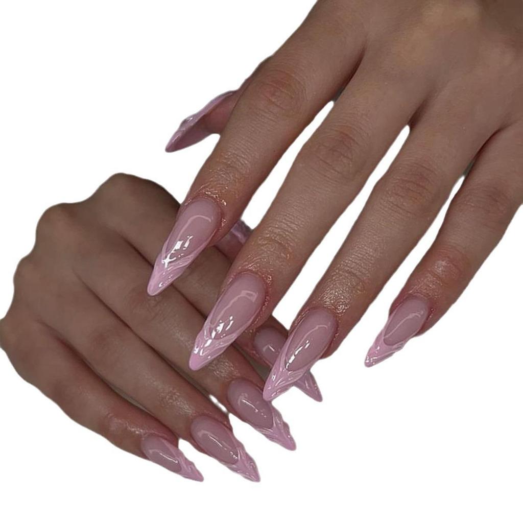 Pink Almond French Tip Stiletto False Nails - Wearable Manicure Series