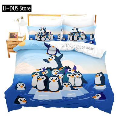 Aquarell Pinguin Muster Druck Bettbezug Set Bettwäsche Set 3tlg für Kinder Bettdeckenbezug Weicher Steppdeckenbezug mit 2 Kissenbezügen