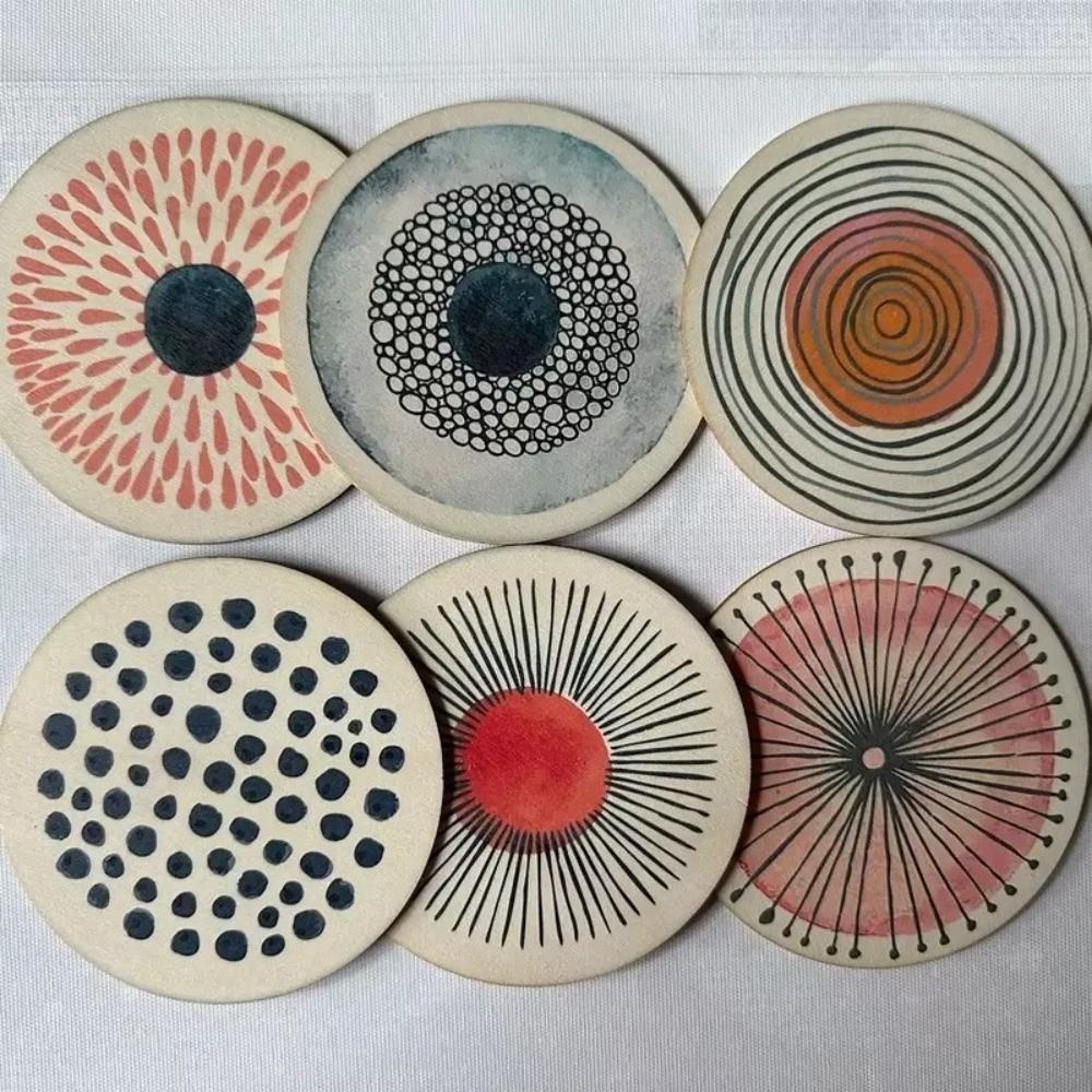 6 шт./комплект Деревянные круглые подставки под стаканы с узором, противоскользящие, экологичные, декоративные, термостойкие небесно-голубой