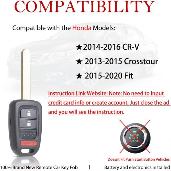 MechanMagic Key Fob Remote Replacement Fits for Honda Fit 2015 2016 2017 2018  /Crosstour 2013-2015/CR-V 2014-2016 MLBHLIK6-1T Keyless Entry Remote