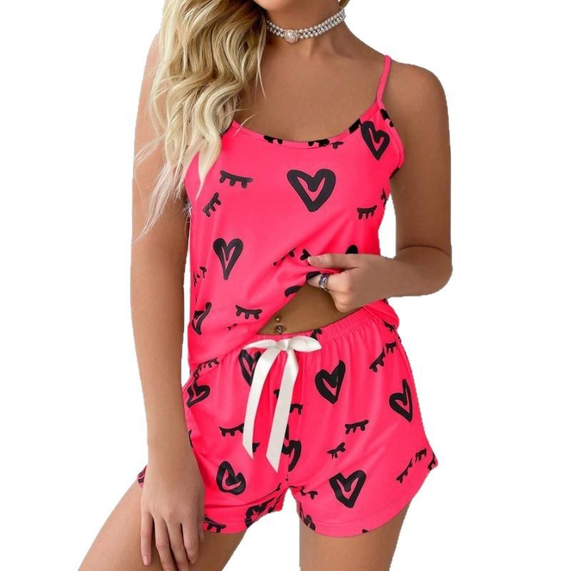 Women's Casual Heart Pattern Dark Pink Pajama Set