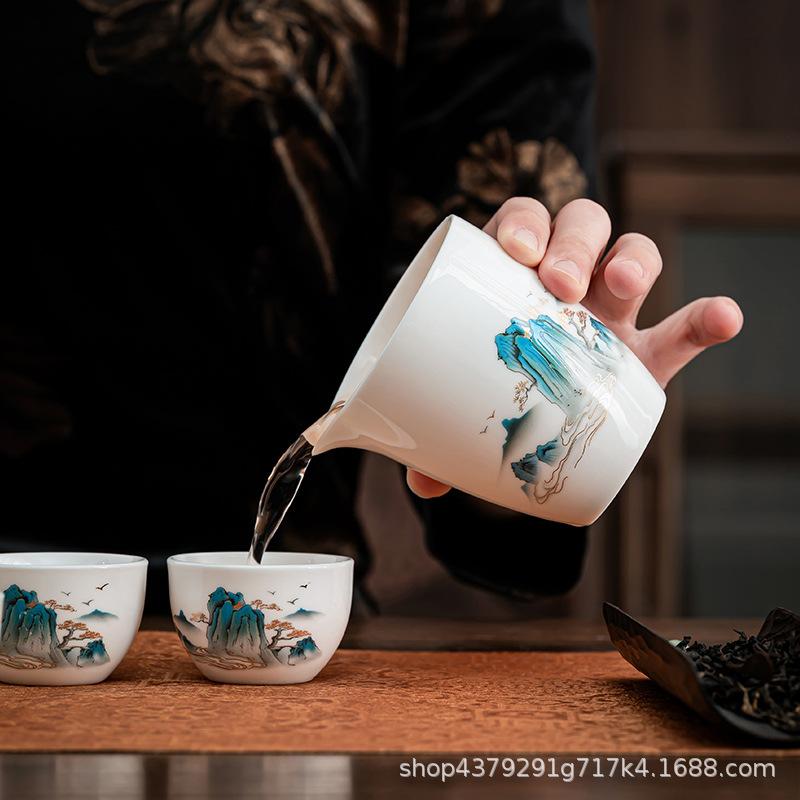 Suet jade porcelain kung fu tea set, household ceramic tea set, high-end company annual meeting to send elders tea cup gift box
