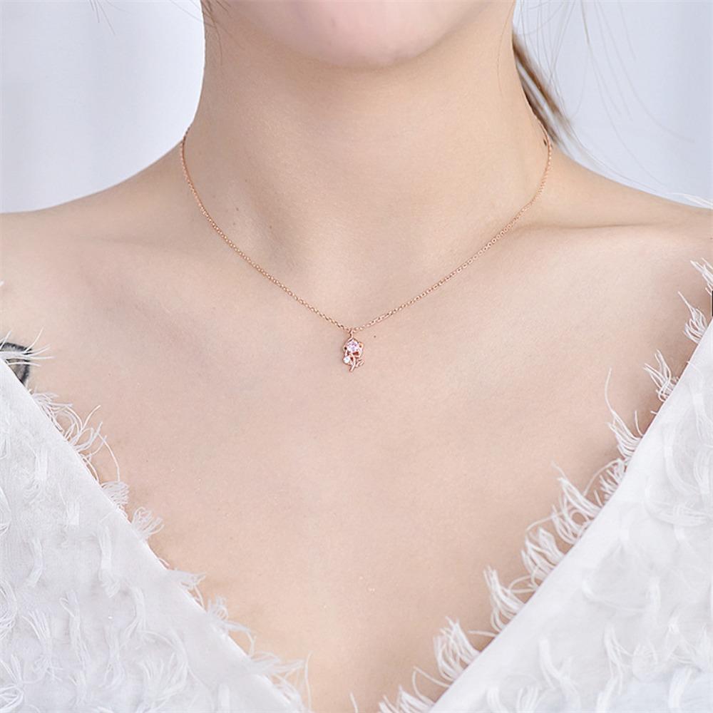 Romantic Pink Rose Necklace Tender Clavicle Chain French Style 3D Flower Choker  Gift