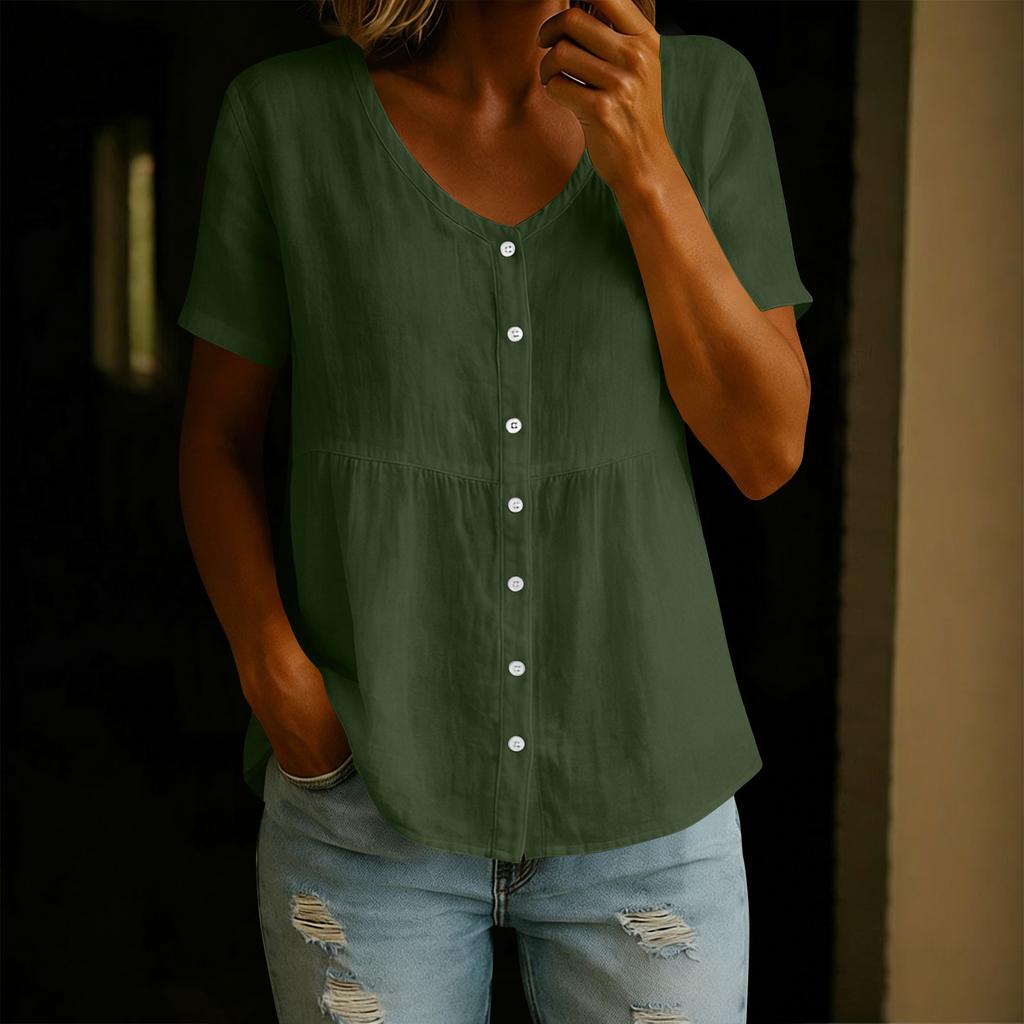 Women's Fashion V-Neck Button-Down Short-Sleeve -Color Casual Top