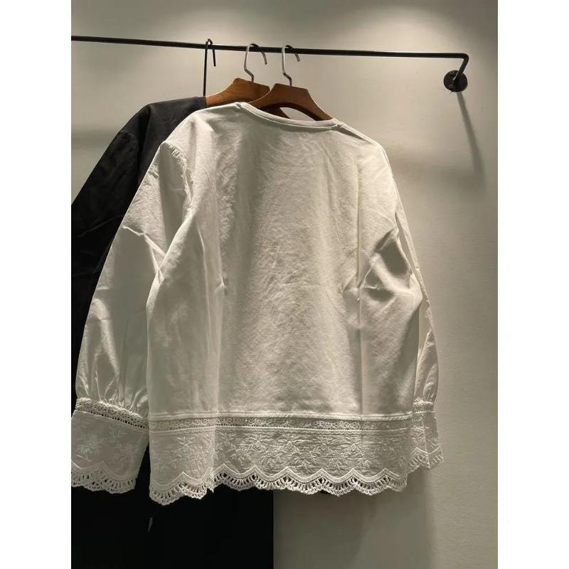 Design-T-Shirt mit gespleißtem Saum und Spitze für Damen, vielseitig, locker, lässig, Rundhalsausschnitt