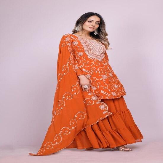 Rust Orange Embroidered Sharara Suit